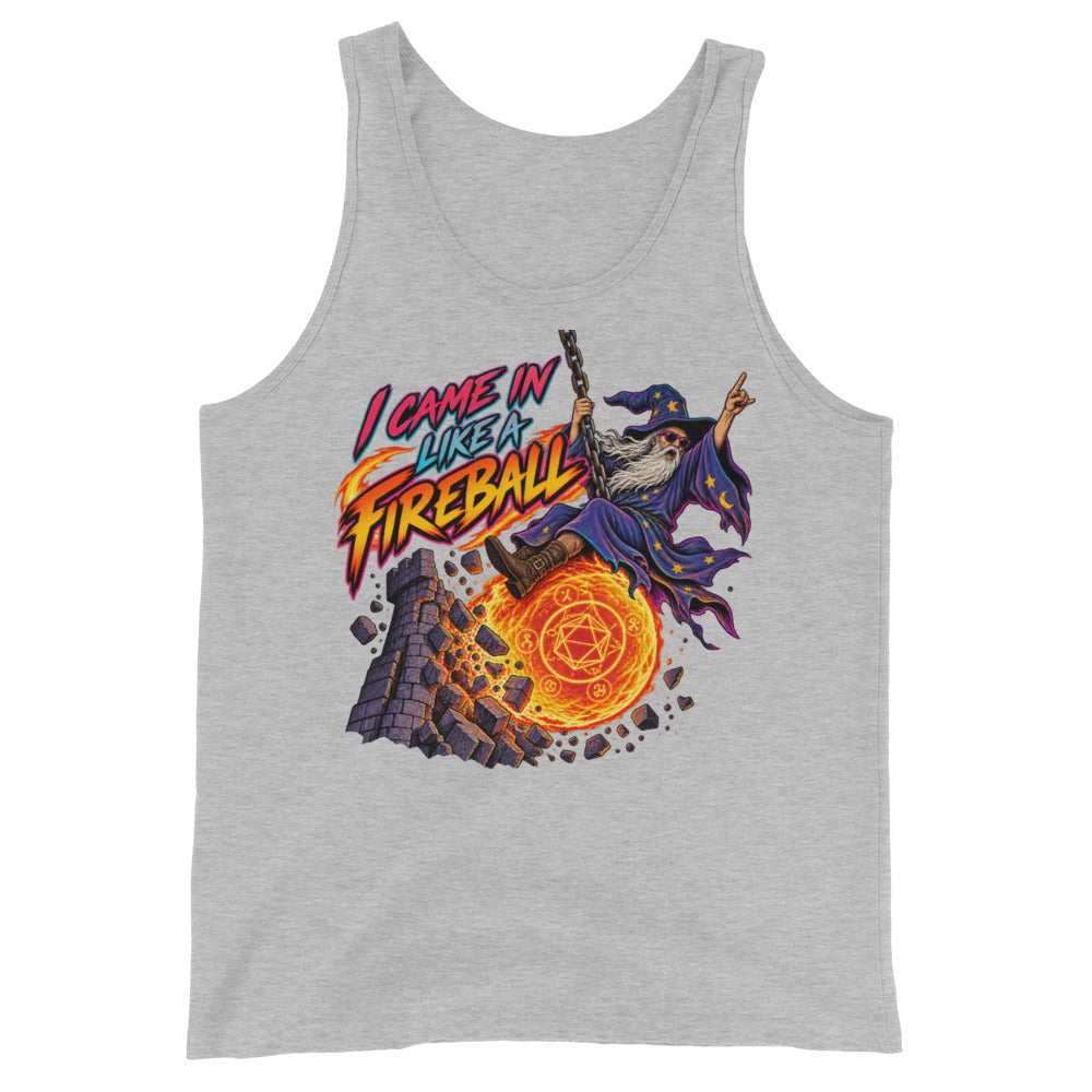 Athletic Heather tank top, front view, featuring the I Came In Like a Fireball wizard design