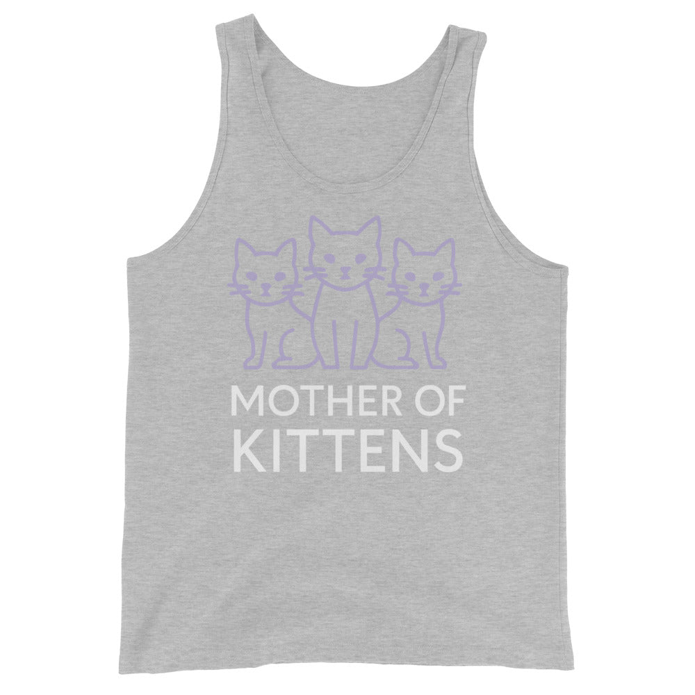 Athletic Heather tank top, front view, featuring the Mother of Kittens Three Cats design