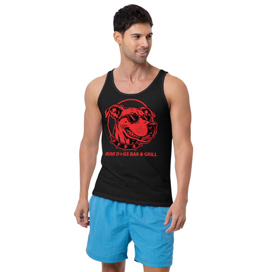 Rude Dog 2026 Unisex Tank Top in black, front view, with red dog graphic and Rude Dogs Bar & Grill lettering
