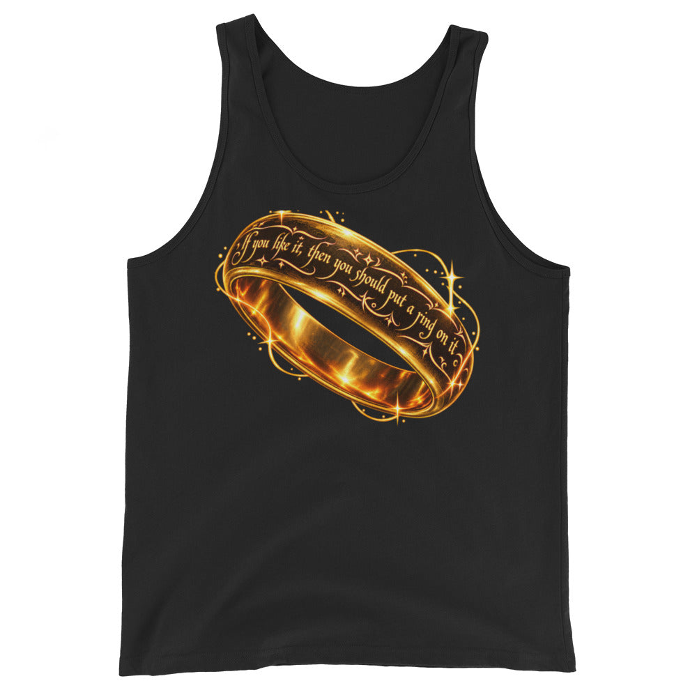 Black tank top, front view, featuring Put a Ring on It gold fantasy ring and starburst graphic.