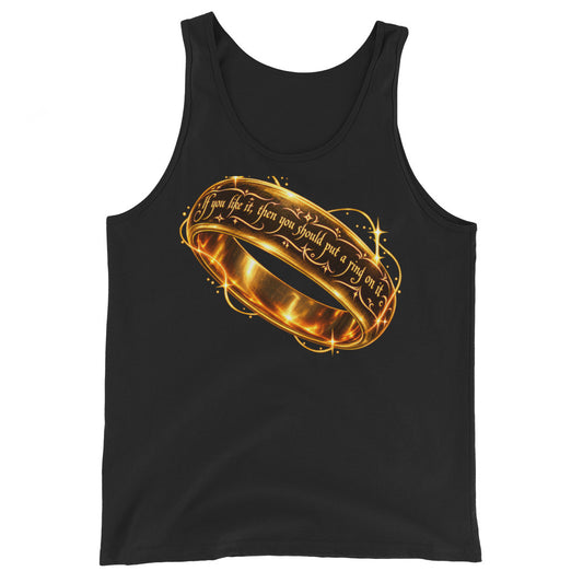 Black tank top, front view, featuring Put a Ring on It gold fantasy ring and starburst graphic.