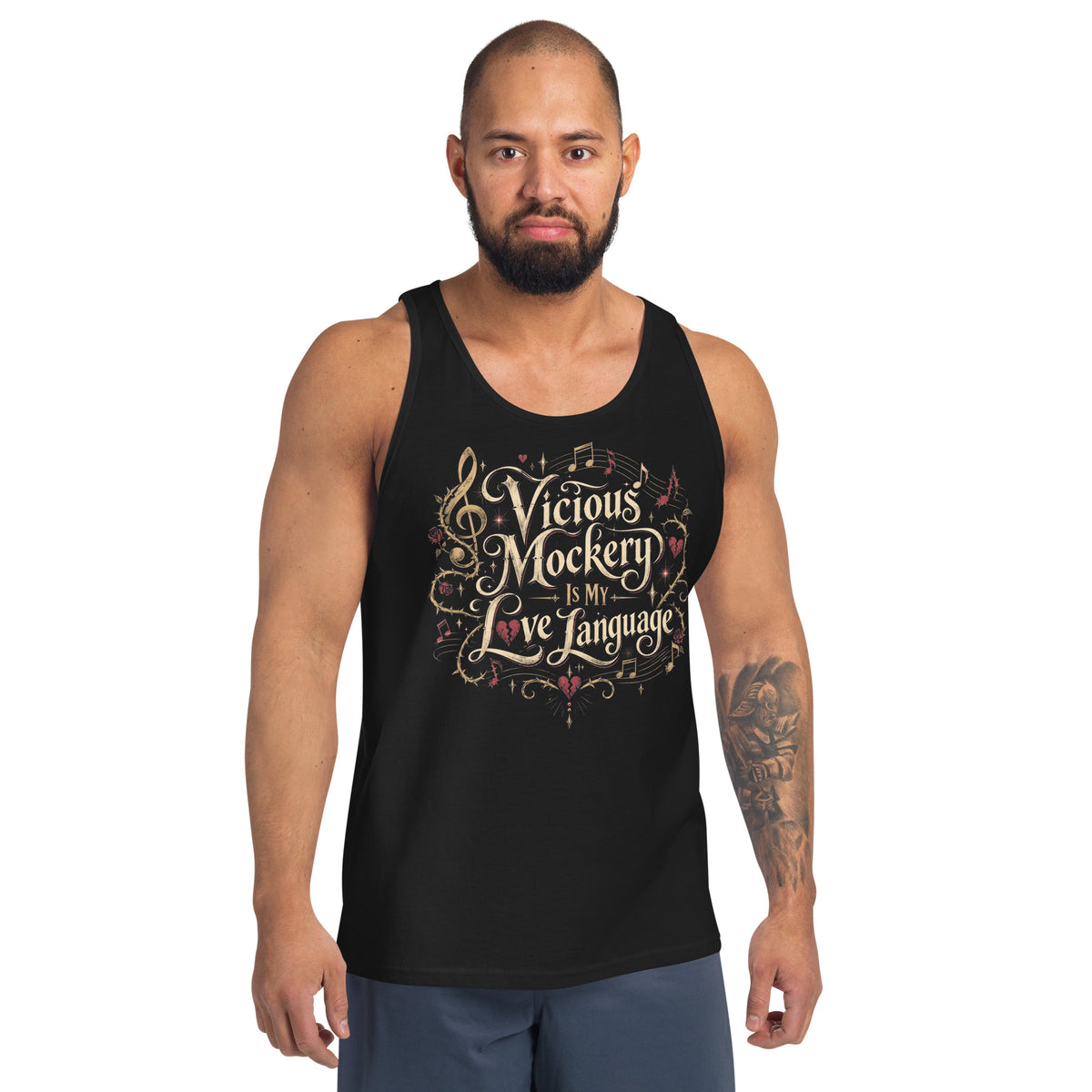 Black tank top, front view, featuring Vicious Mockery Is My Love Language bard art with gold lettering, roses and hearts.