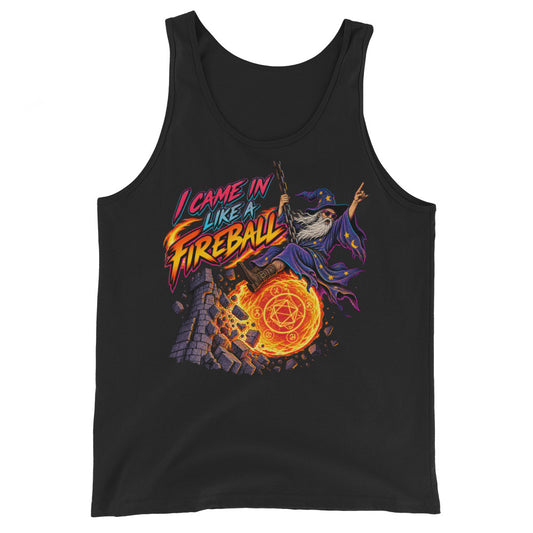 Black tank top, front view, featuring a cartoon wizard swinging in on a chain behind a blazing fireball, smashing into a crumbling stone tower, with the words I Came In Like a Fireball