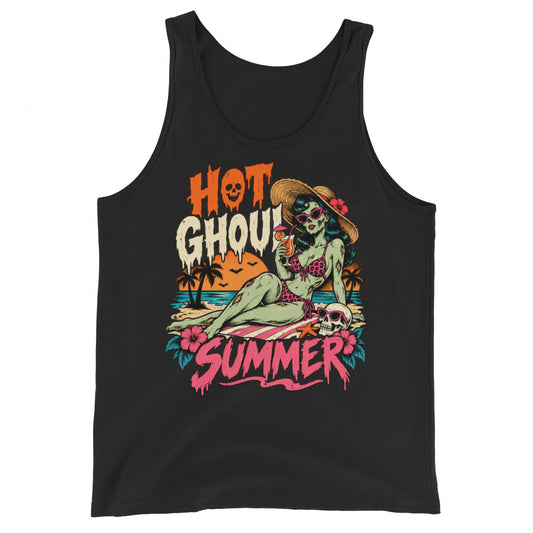 Black tank top, front view, featuring a green-skinned zombie pin-up in a straw sun hat and polka-dot bikini lounging on the beach beside a skull, with Hot Ghoul Summer lettering