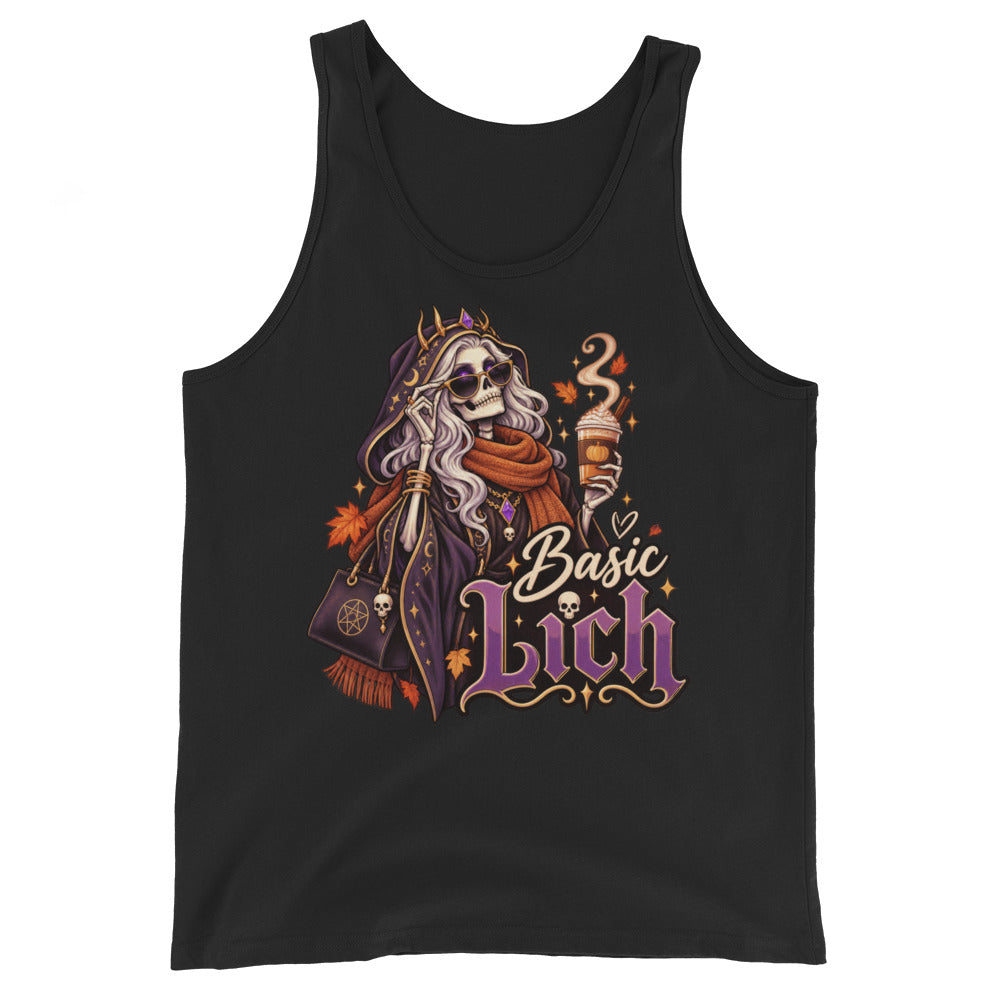 Black tank top, front view, featuring a crowned skeleton lich queen in sunglasses and an orange scarf holding a pumpkin spice latte, with the words Basic Lich