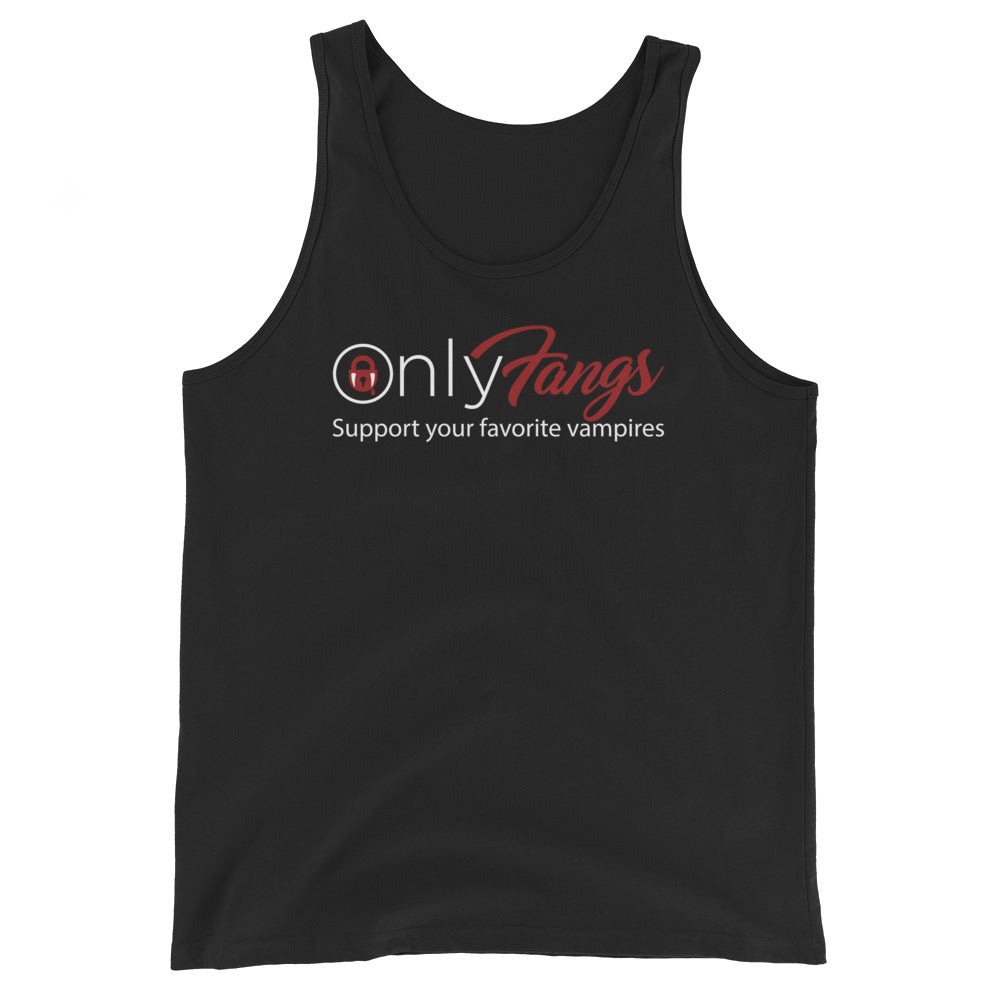 Black tank top, front view, featuring OnlyFangs in gothic script lettering with a dripping padlock icon