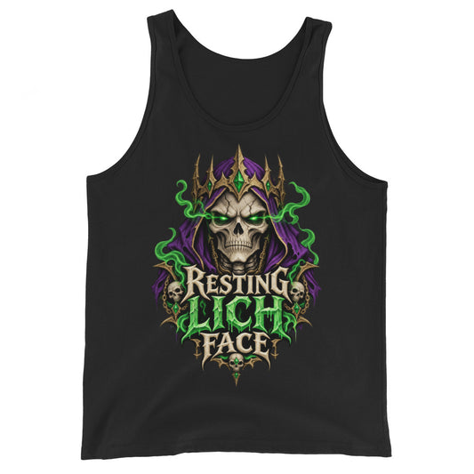 Black tank top, front view, featuring a crowned skull lich in a purple hood with glowing green eyes and green smoke above dripping green lettering that reads Resting Lich Face