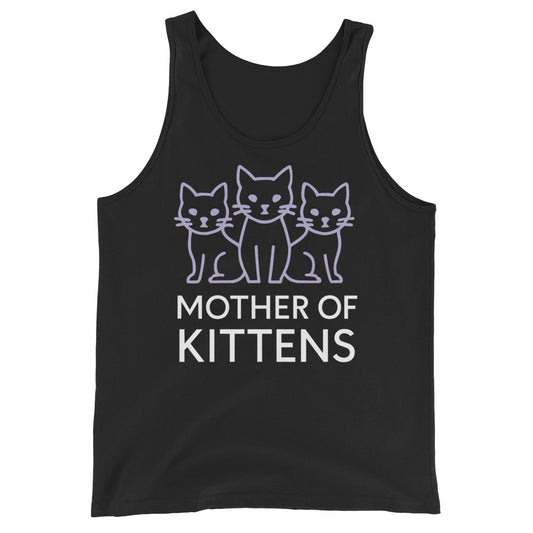 Black tank top, front view, featuring three lavender line-art cats above white Mother of Kittens lettering