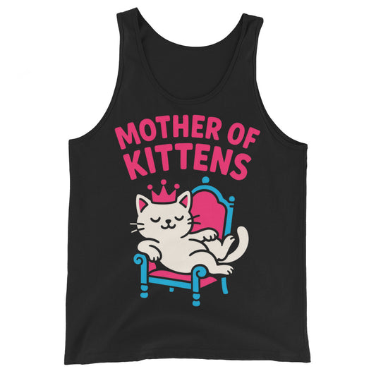 Black tank top, front view, featuring a crowned white cat lounging on a pink and blue throne under pink Mother of Kittens lettering