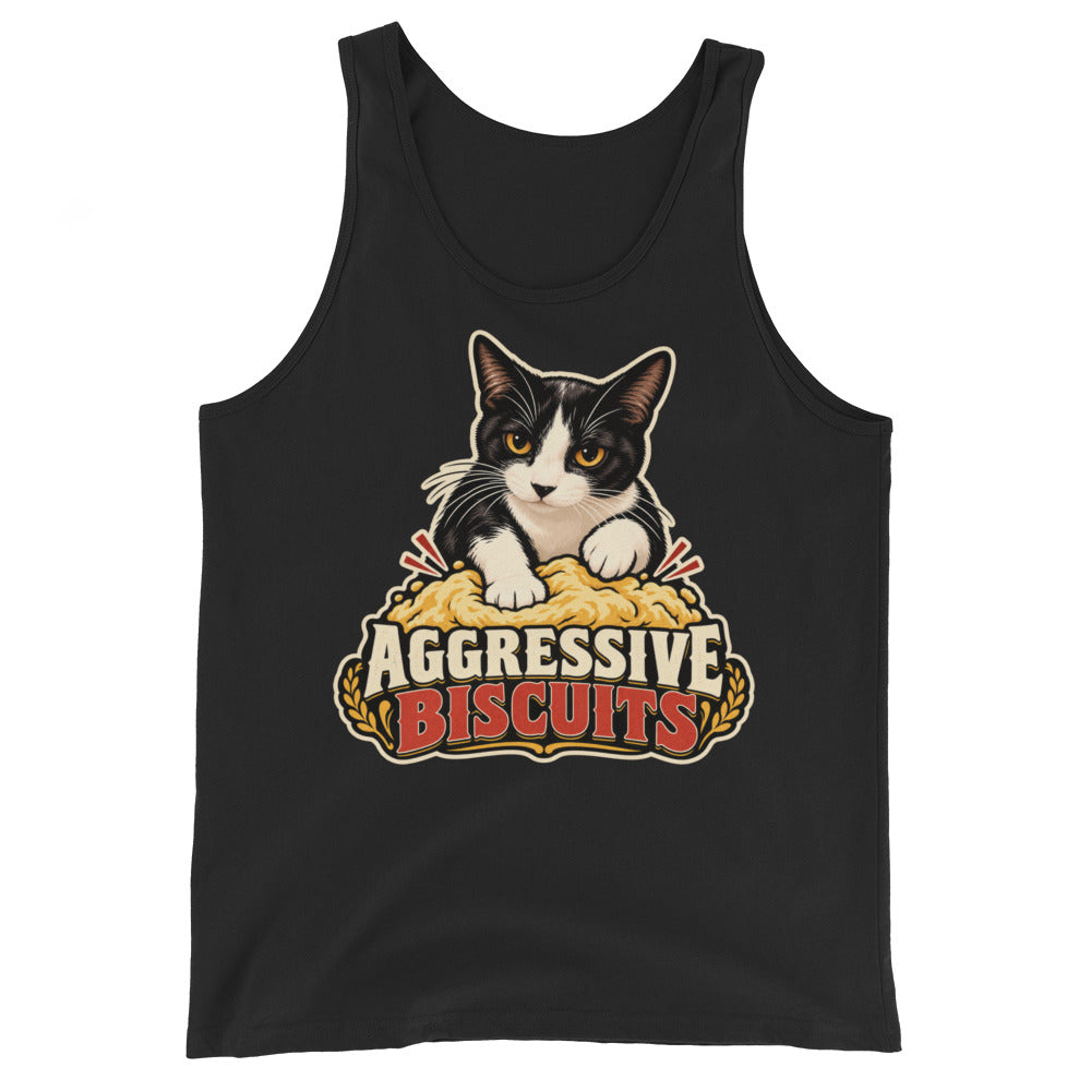 Black tank top, front view, featuring a black and white tuxedo cat with amber eyes kneading a mound of golden dough, under vintage bakery badge lettering reading Aggressive Biscuits