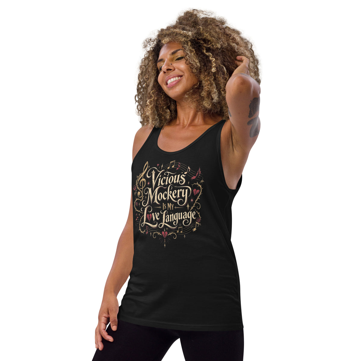 Black sleeveless tank with Vicious Mockery Is My Love Language in ornate gold lettering and crimson hearts