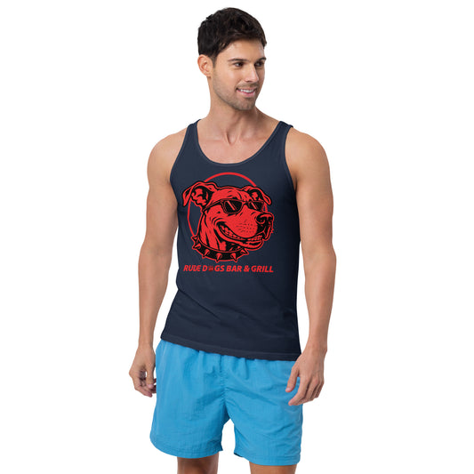 Rude Dog 2026 Unisex Tank Top in navy, front view, with red dog graphic and Rude Dogs Bar & Grill lettering