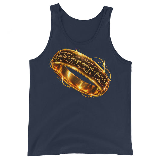 Navy tank top with the gold Put a Ring on It fantasy ring artwork and starburst details