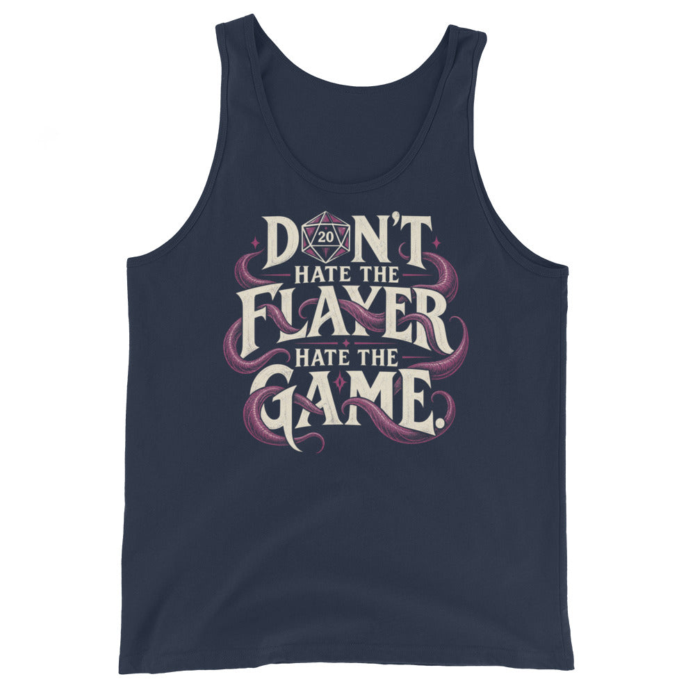 Navy tank top, front view, featuring Don't Hate the Flayer, Hate the Game artwork with magenta tentacles and a D20.