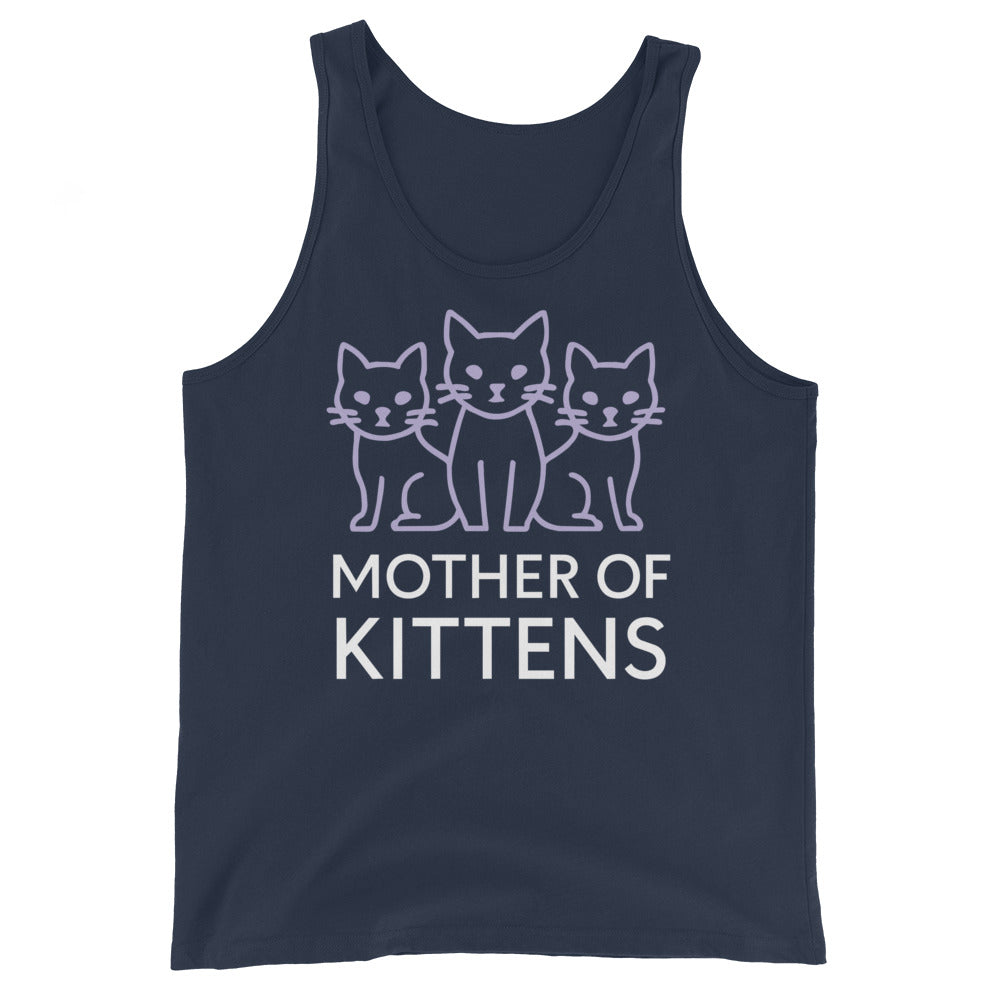 Navy tank top, front view, featuring the Mother of Kittens Three Cats design