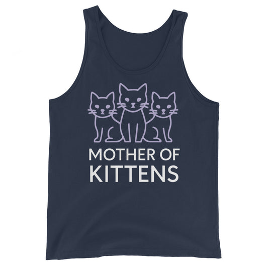 Navy tank top, front view, featuring the Mother of Kittens Three Cats design