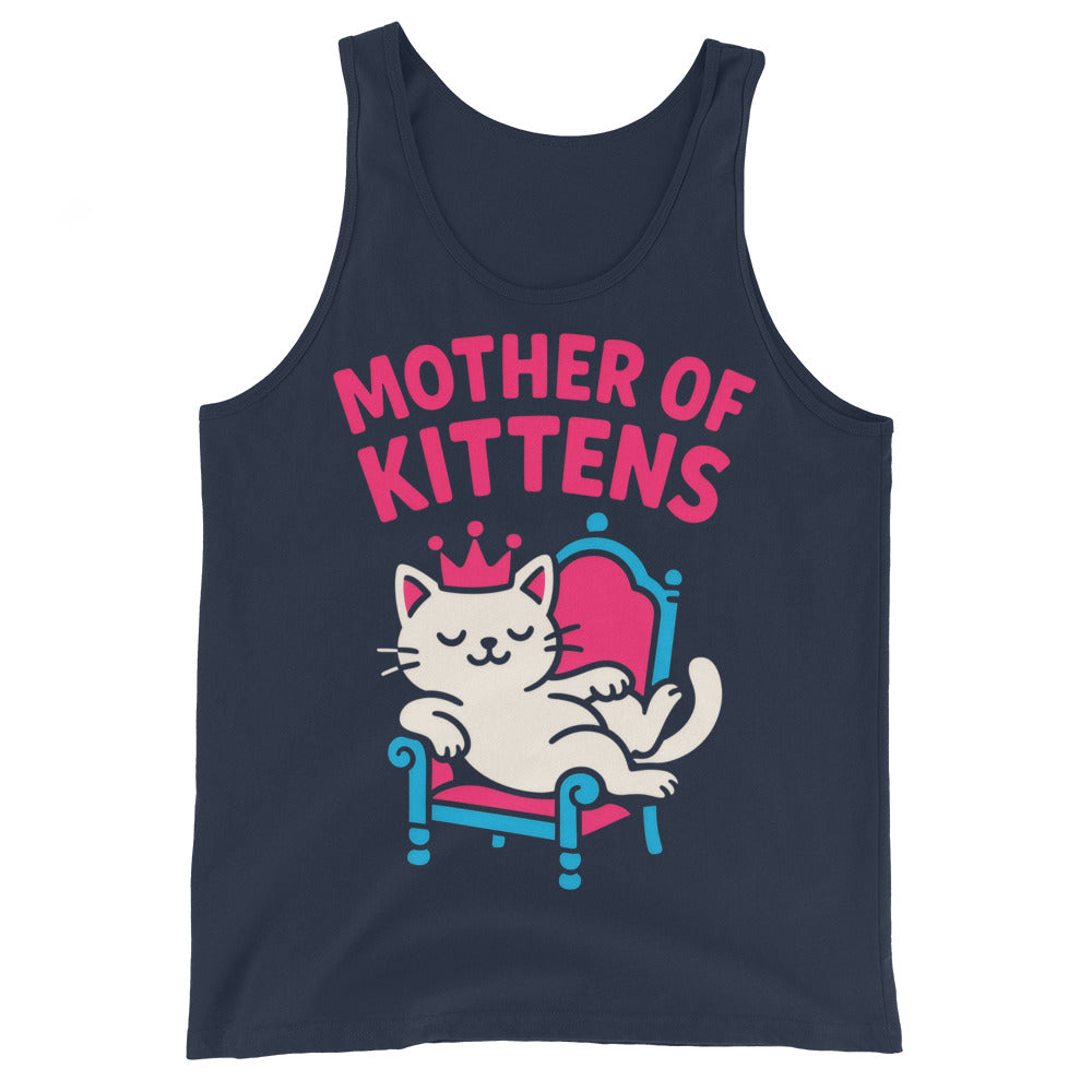 Navy tank top, front view, featuring the Mother of Kittens Queen Cat design