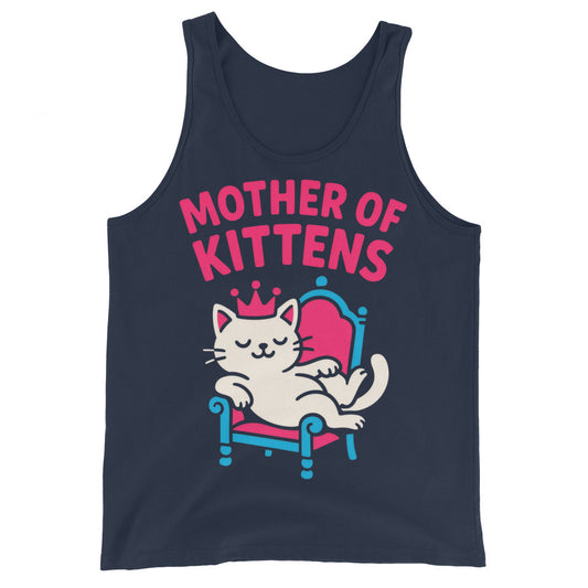 Navy tank top, front view, featuring the Mother of Kittens Queen Cat design