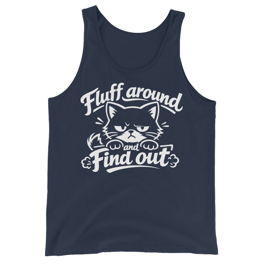 Navy tank top, front view, featuring the Fluff Around and Find Out grumpy cat design