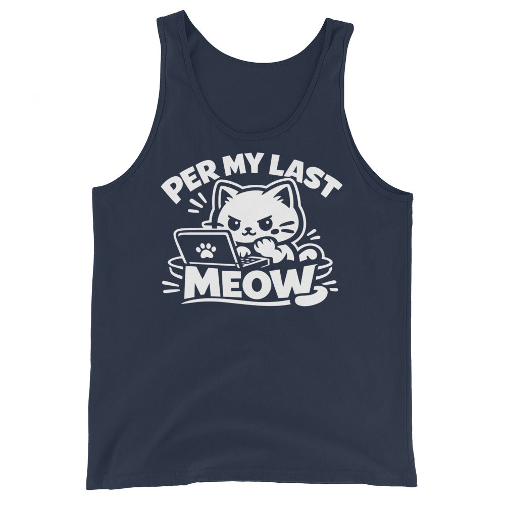 Navy tank top, front view, featuring the Per My Last Meow cat design
