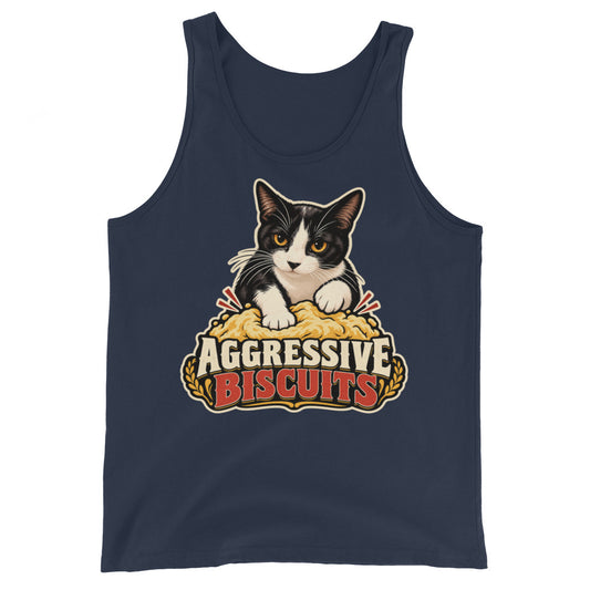 Navy tank top, front view, featuring the Aggressive Biscuits kneading tuxedo cat design