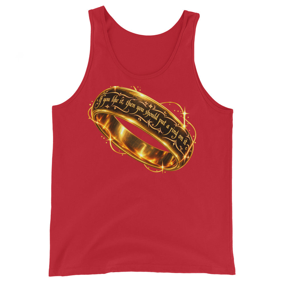 Red tank top, front view, featuring Put a Ring on It gold fantasy ring and starburst graphic.
