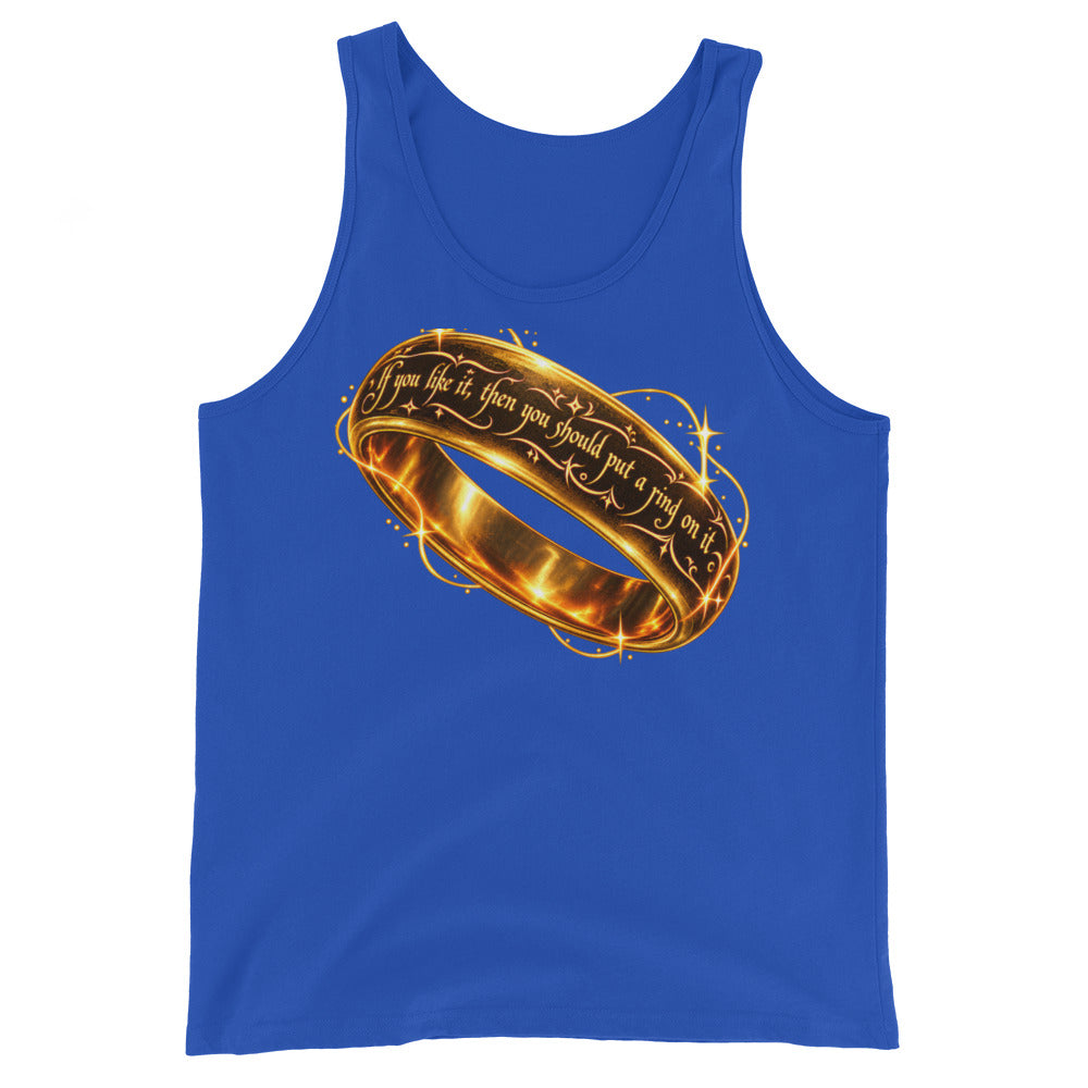 True Royal tank top, front view, featuring Put a Ring on It gold fantasy ring and starburst graphic.