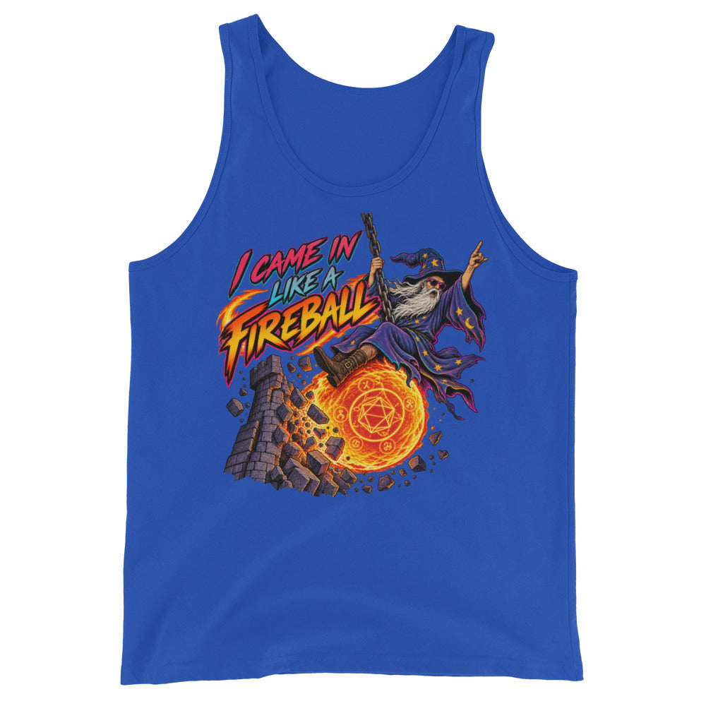 True Royal tank top, front view, featuring the I Came In Like a Fireball wizard design