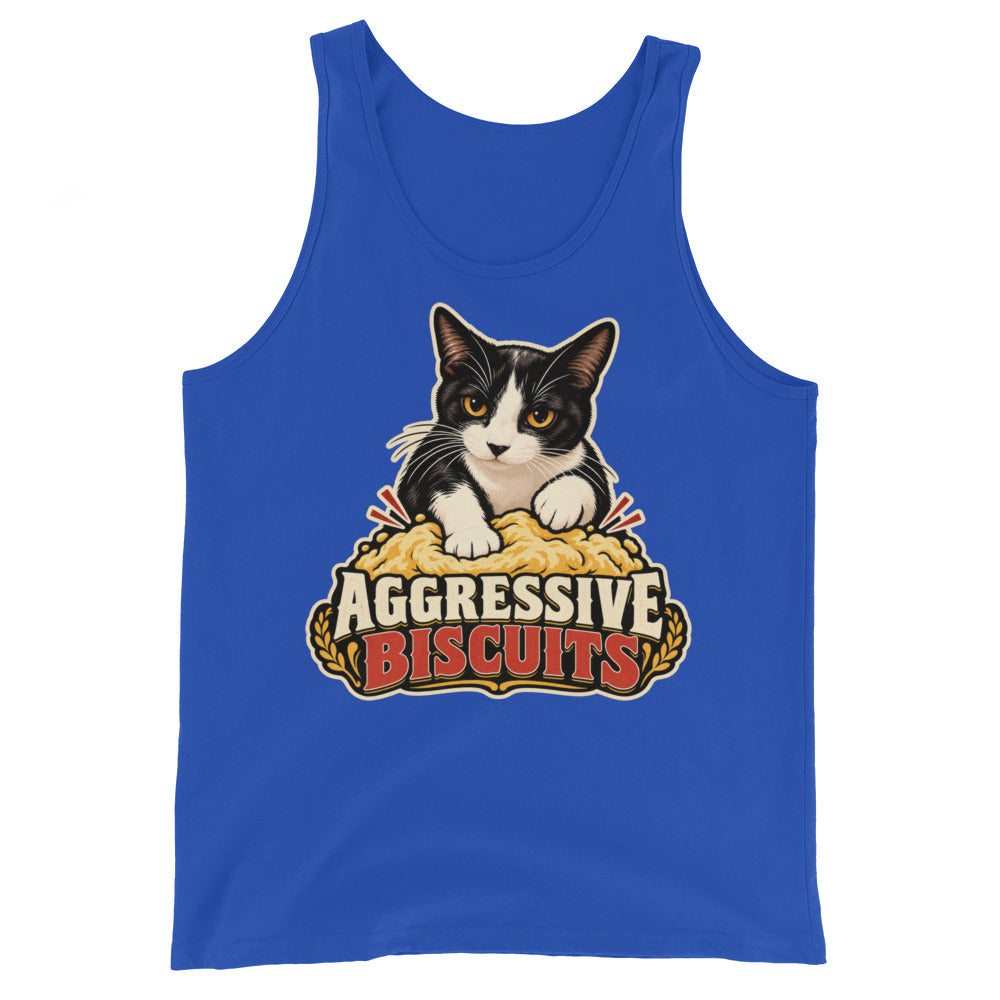 True Royal tank top, front view, featuring the Aggressive Biscuits kneading tuxedo cat design