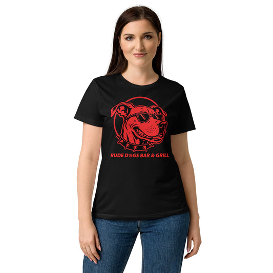 Rude Dog 2026 Women’s Softstyle T-Shirt in black, front view, with red dog graphic and Rude Dogs Bar & Grill lettering