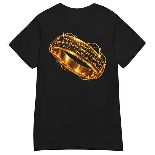 Black women's softstyle T-shirt displaying the gold Put a Ring on It fantasy ring design