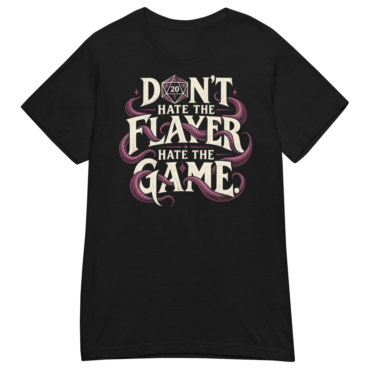 Black women's softstyle T-shirt featuring the Don't Hate the Flayer RPG graphic and magenta tentacles