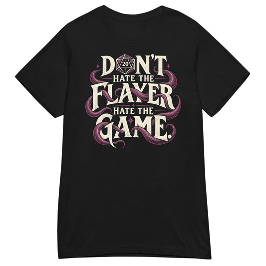 Black women's softstyle T-shirt featuring the Don't Hate the Flayer RPG graphic and magenta tentacles