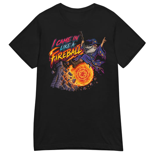 Black women's T-shirt, front view, featuring a cartoon wizard swinging in on a chain behind a blazing fireball, smashing into a crumbling stone tower, with the words I Came In Like a Fireball