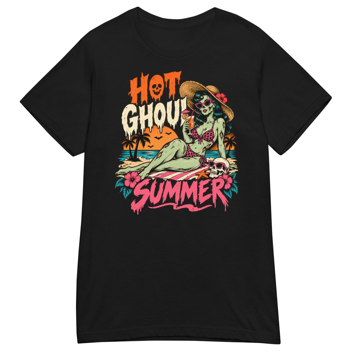 Black women's T-shirt, front view, featuring a green-skinned zombie pin-up in a straw sun hat and polka-dot bikini lounging on the beach beside a skull, with Hot Ghoul Summer lettering