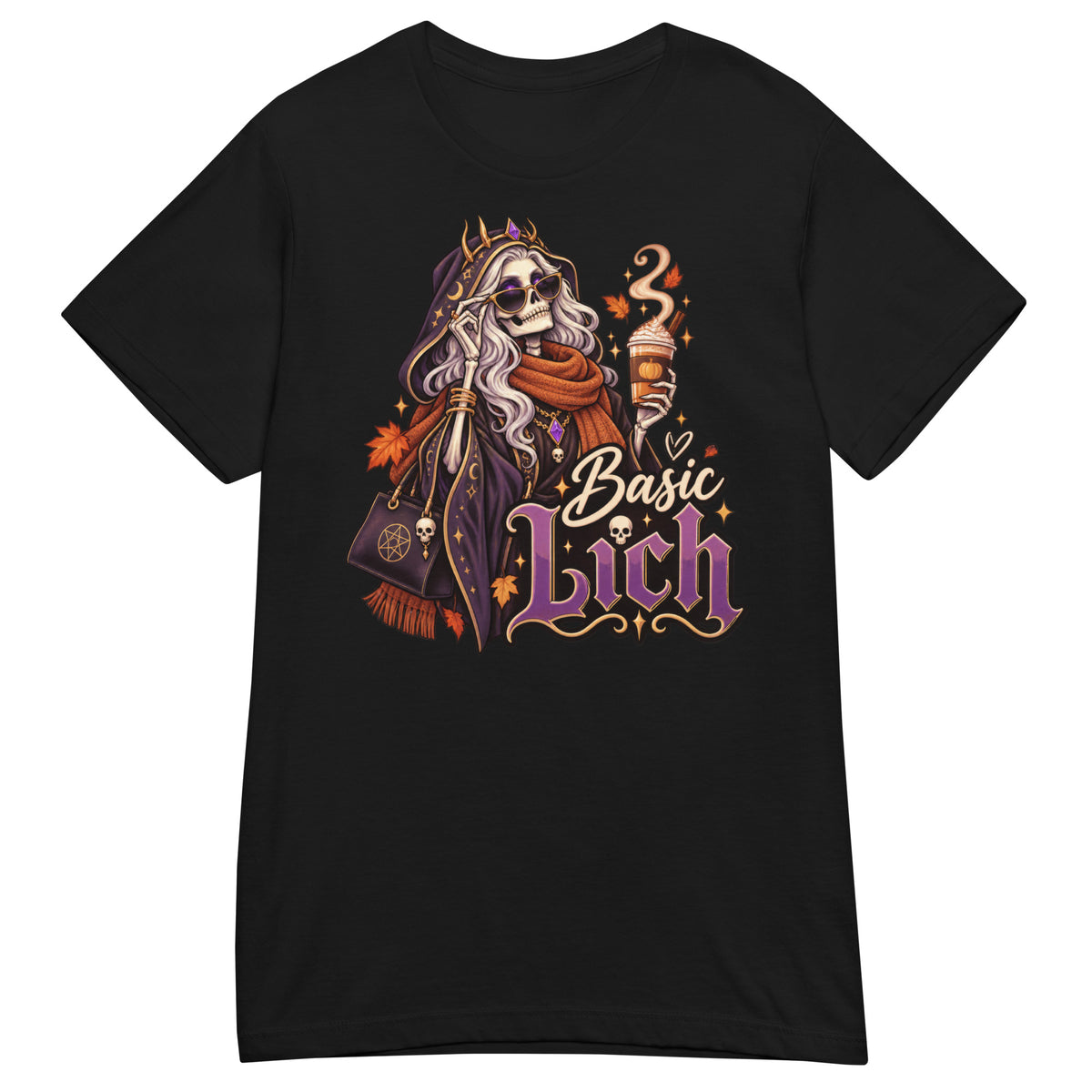 Black women's T-shirt, front view, featuring a crowned skeleton lich queen in sunglasses and an orange scarf holding a pumpkin spice latte, with the words Basic Lich