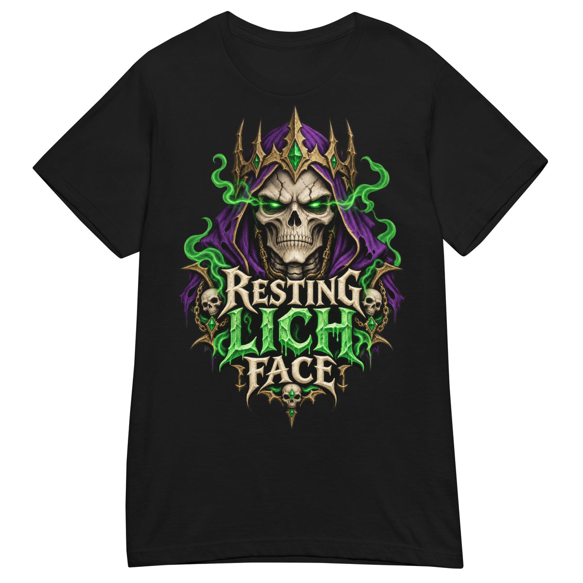 Black women's T-shirt, front view, featuring a crowned skull lich in a purple hood with glowing green eyes and green smoke above dripping green lettering that reads Resting Lich Face