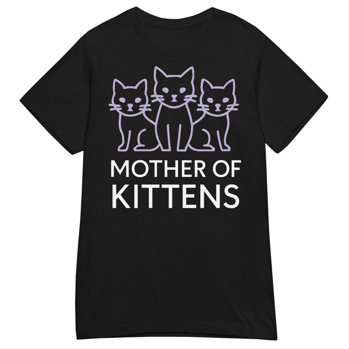 Black women's T-shirt, front view, featuring three lavender line-art cats above white Mother of Kittens lettering