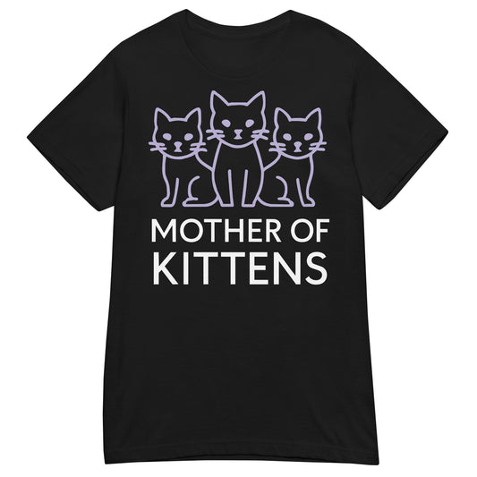 Black women's T-shirt, front view, featuring three lavender line-art cats above white Mother of Kittens lettering