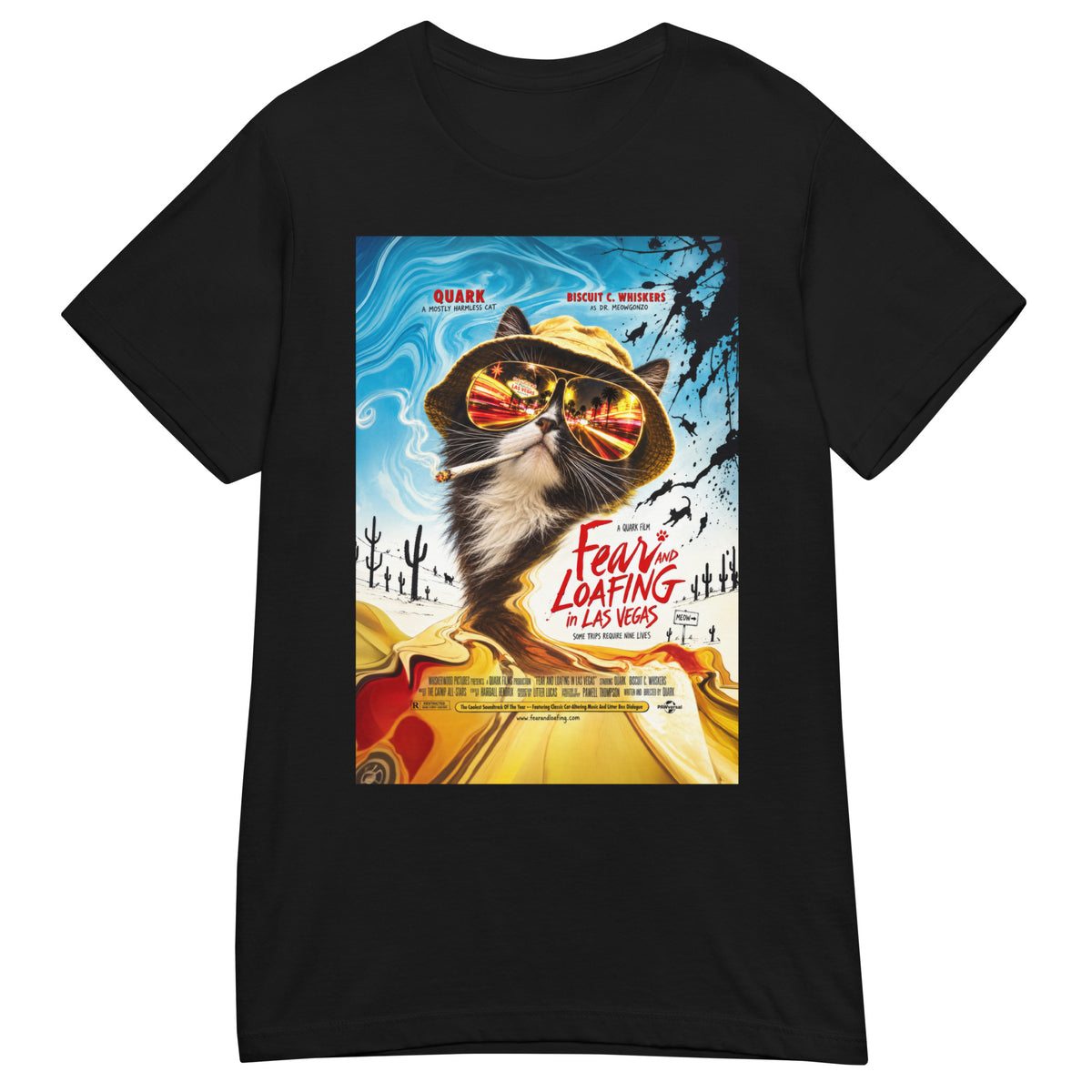 Black women's T-shirt, front view, featuring Fear and Loafing in Las Vegas, a movie poster parody starring a black and white cat in a bucket hat and mirrored aviators reflecting the Las Vegas Strip
