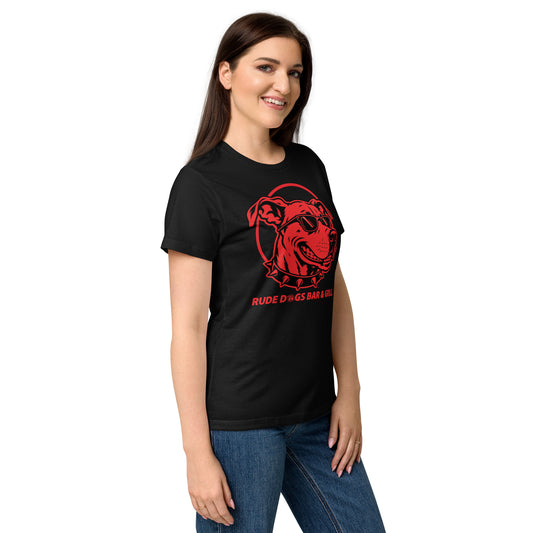 Rude Dog 2026 Women’s Softstyle T-Shirt in black, right front view, with red dog graphic and Rude Dogs Bar & Grill lettering