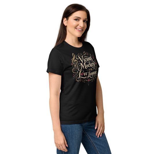 Black women's softstyle T-shirt with the gold Vicious Mockery Is My Love Language bard design and red hearts