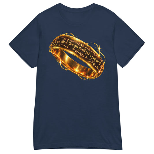 Navy women's T-shirt, front view, featuring Put a Ring on It gold fantasy ring and starburst graphic.