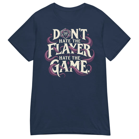 Navy women's T-shirt, front view, featuring Don't Hate the Flayer, Hate the Game artwork with magenta tentacles and a D20.