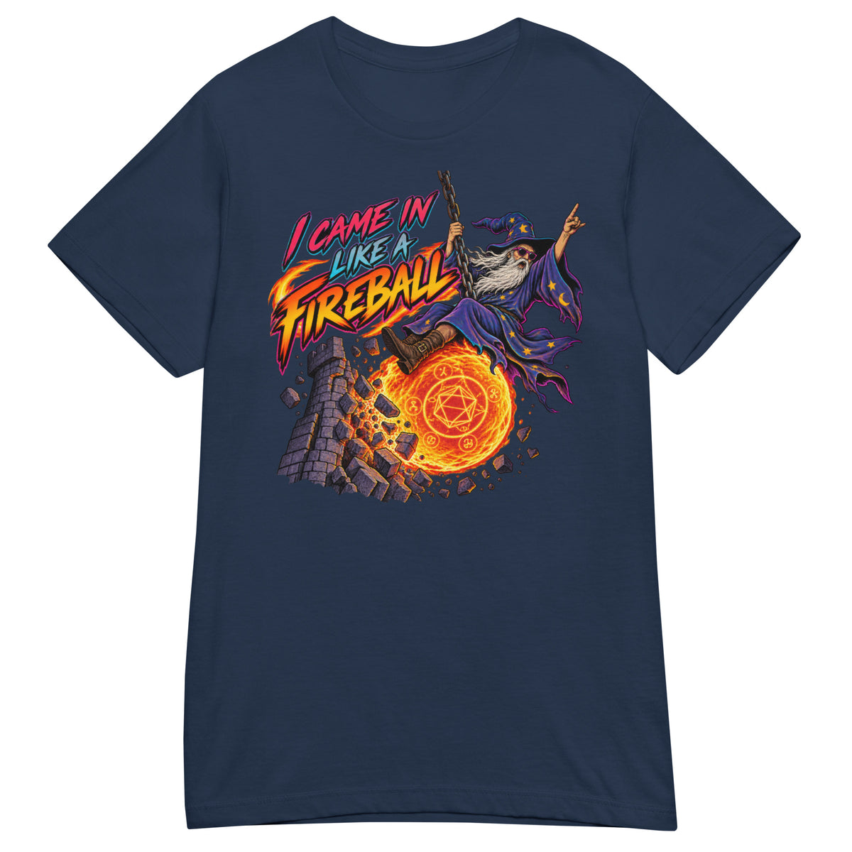 Navy women's T-shirt, front view, featuring the I Came In Like a Fireball wizard design