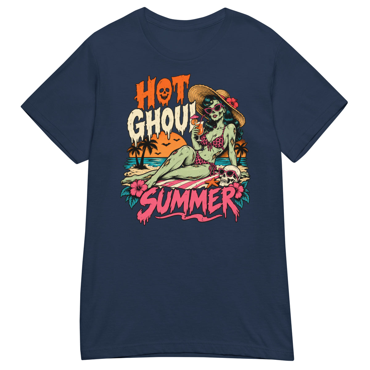 Navy women's T-shirt, front view, featuring the Hot Ghoul Summer zombie pin-up design