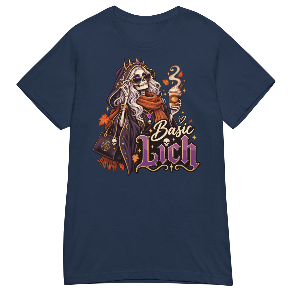 Navy women's T-shirt, front view, featuring the Basic Lich pumpkin spice skeleton design
