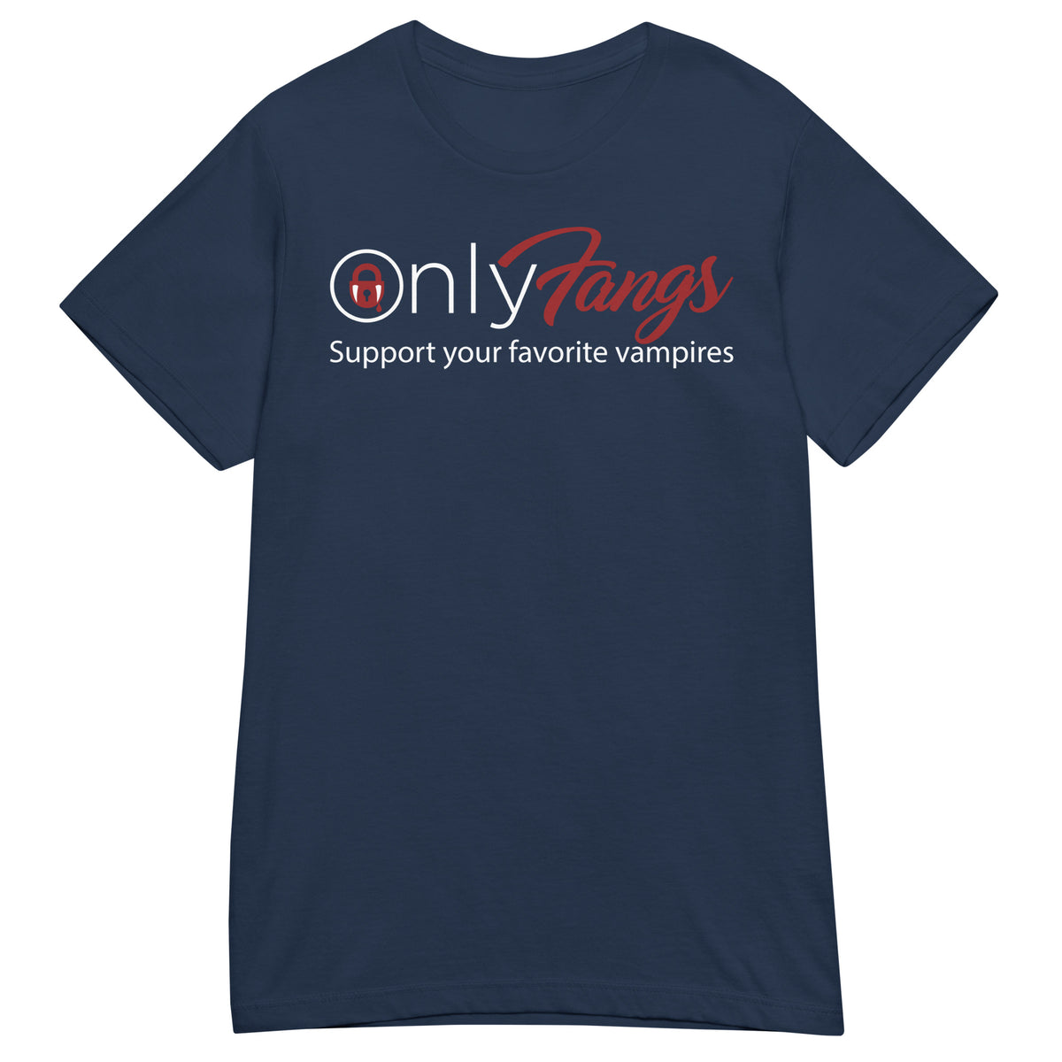 Navy women's T-shirt, front view, featuring the OnlyFangs vampire design
