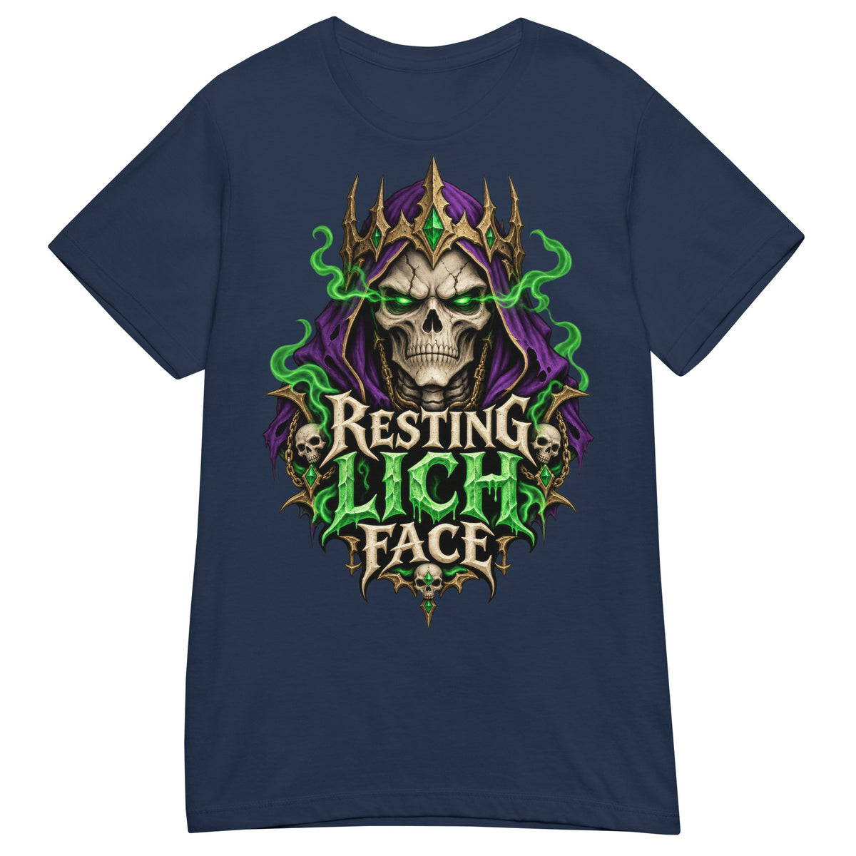 Navy women's T-shirt, front view, featuring the Resting Lich Face crowned skull lich design