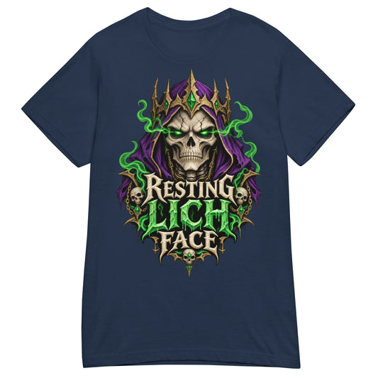 Navy women's T-shirt, front view, featuring the Resting Lich Face crowned skull lich design